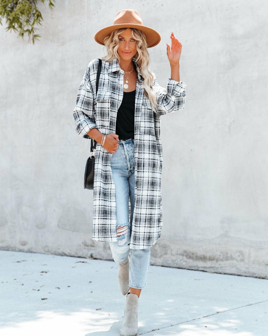 Clothing * | Acoa-001 Tanja Pocketed Plaid Button Down Shacket Black All Clothing