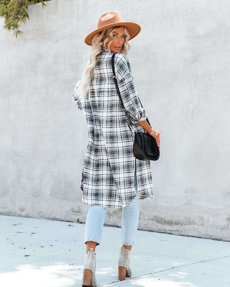 Clothing * | Acoa-001 Tanja Pocketed Plaid Button Down Shacket Black All Clothing