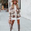 Clothing * | Davi-001 Alaska Plaid Pocketed Teddy Jacket Taupe Final Sale All Clothing