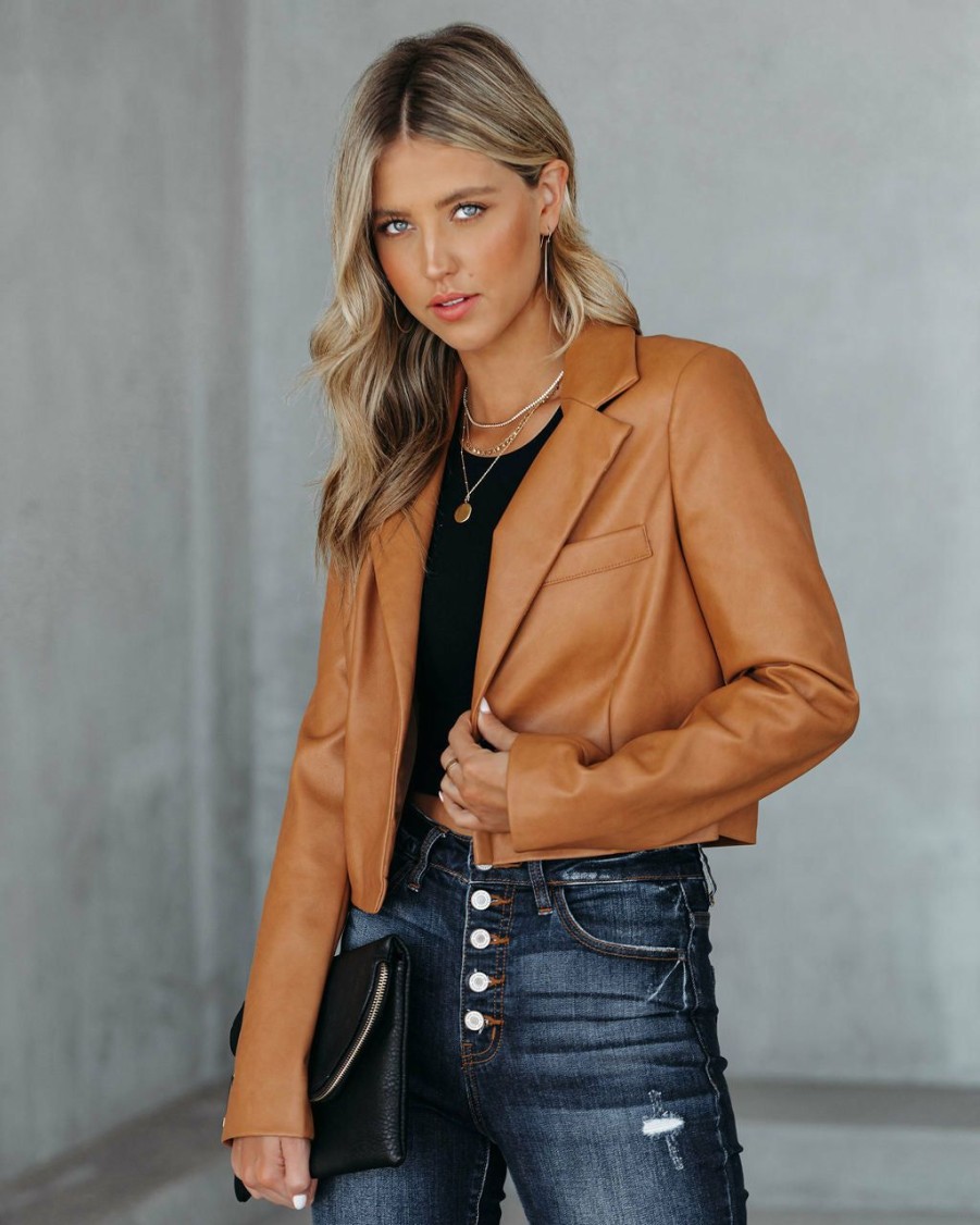 Clothing * | Baga-001 Tiller Faux Leather Crop Blazer Biscotti Final Sale