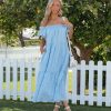 Clothing * | Aeom-001 Americana Babe Kaydeni Pocketed Striped Off The Shoulder Midi Dress Blue Final Sale