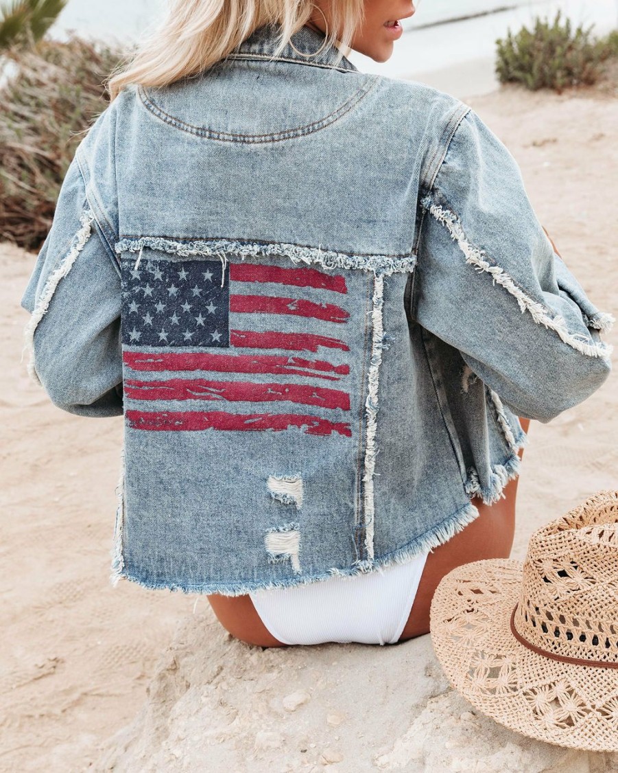 Clothing * | Pol-001 The Weekly Drop American Flag Distressed Cotton Denim Jacket