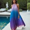 Clothing * | Lati-001 Just Restocked Mykonos Pleated Ombre Halter Maxi Dress Blue Purple