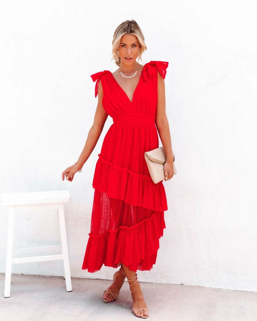 Clothing * | Aeom-001 The Weekly Drop Carrie In Paris Tiered Tulle Midi Dress Red