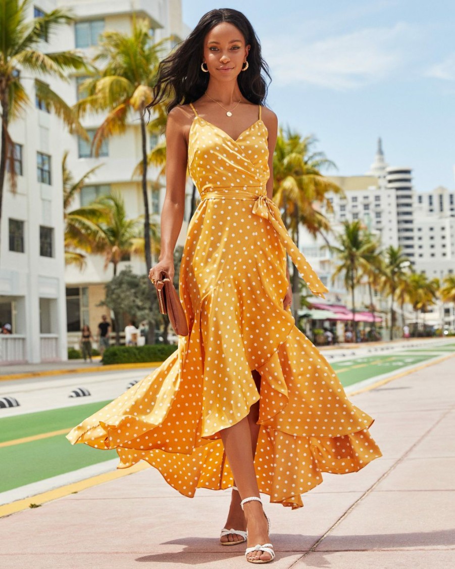 Clothing * | Salt-001 Claribella Satin Polka Dot High Low Maxi Dress Mustard Bold Babe