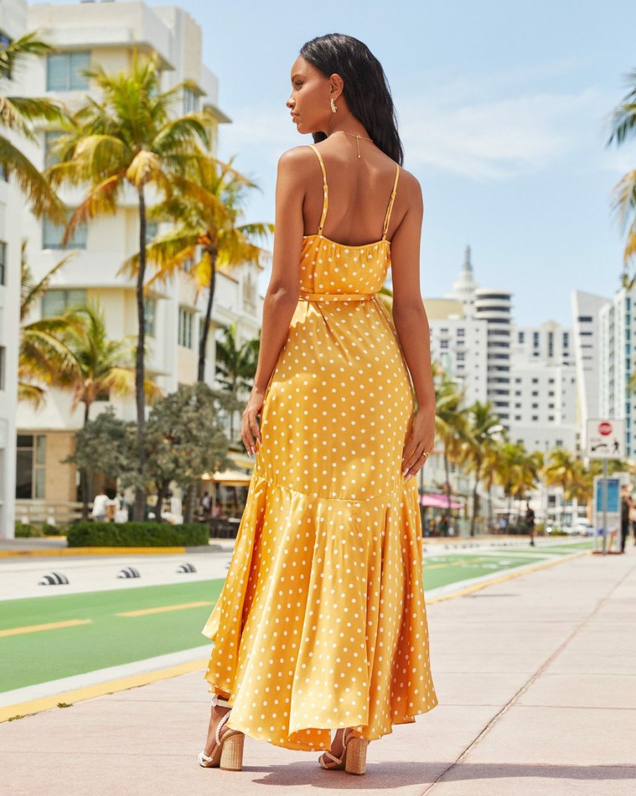 Clothing * | Salt-001 Claribella Satin Polka Dot High Low Maxi Dress Mustard Bold Babe