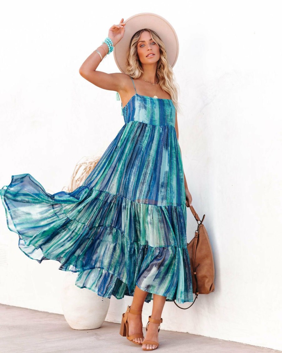 Clothing * | Z&L-001 Waterdrop Tiered Shimmer Midi Dress Blue Multi