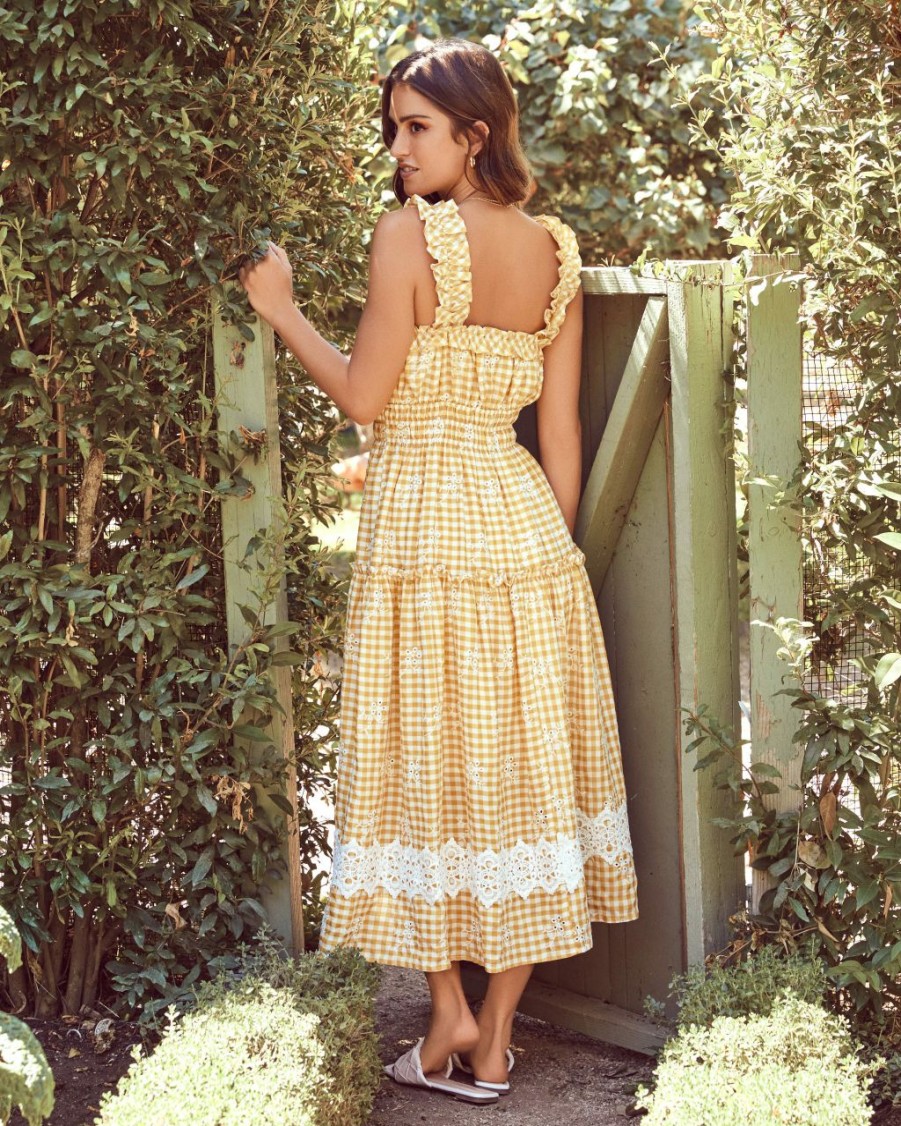 Clothing * | Just-001 Bibi Eyelet Lace Gingham Midi Dress Mustard Final Sale