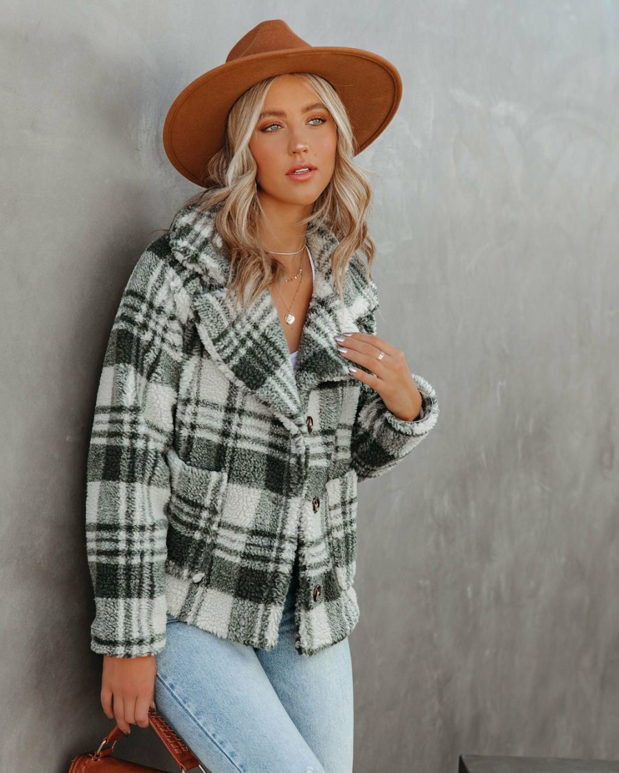 Clothing * | Lush-001 Pinole Pocketed Plaid Teddy Jacket Grey Final Sale All Clothing