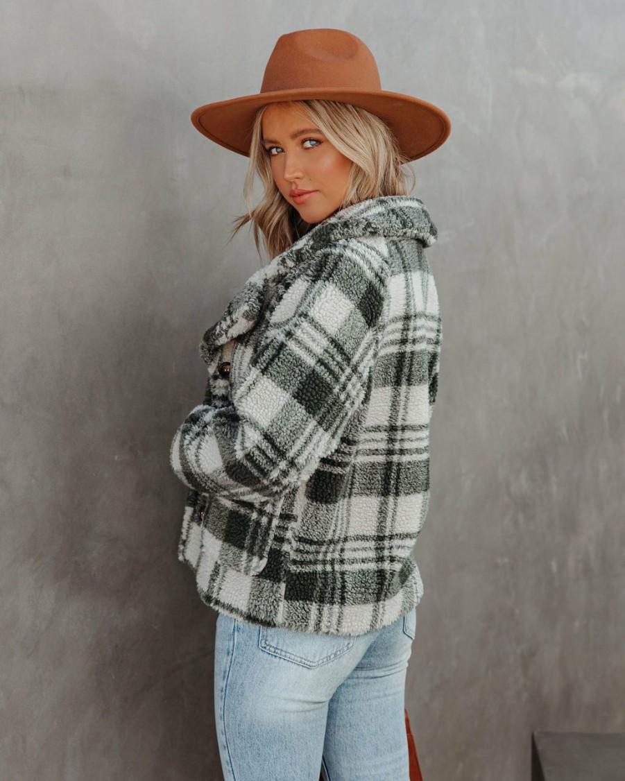 Clothing * | Lush-001 Pinole Pocketed Plaid Teddy Jacket Grey Final Sale All Clothing