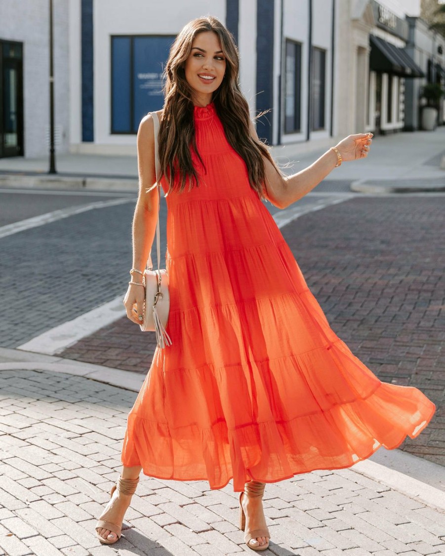 Clothing * | Entr-001 All Clothing Teigen Pocketed Tiered Midi Dress Coral