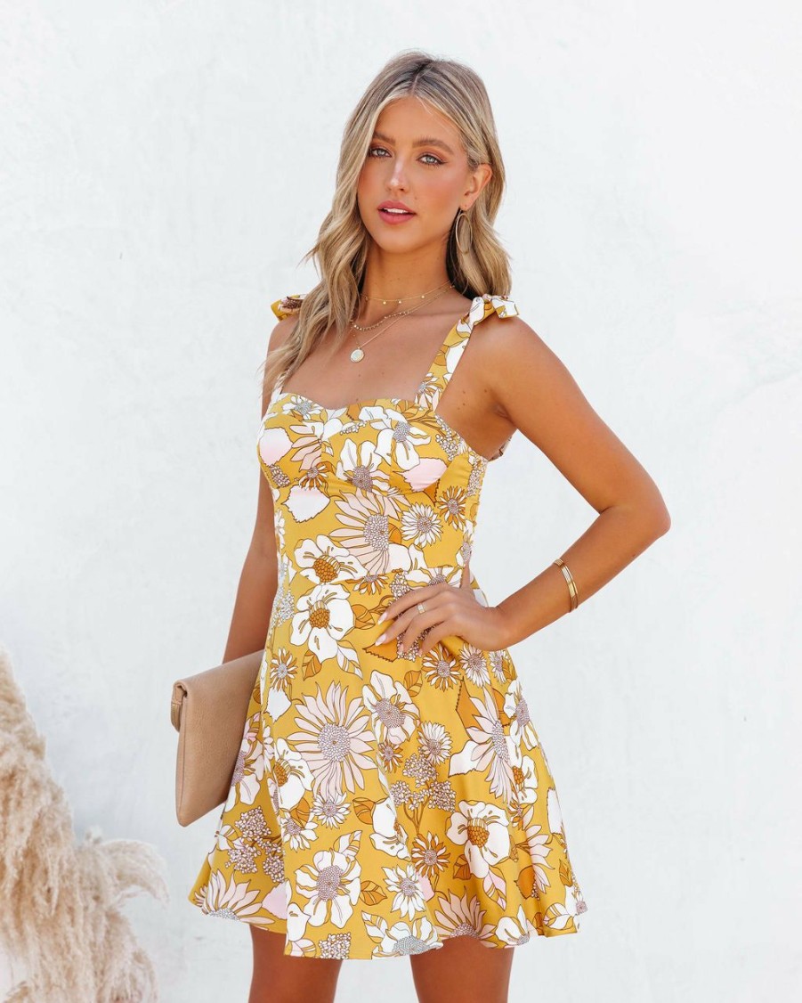 Clothing * | On T-001 Vici Exclusives Ahlani Satin Floral Tie Strap Mini Dress Yellow Final Sale