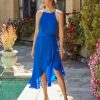 Clothing * | Flaw-001 Sunlit Soiree Satin High Low Ruffle Maxi Dress Cobalt Blue Final Sale Americana Babe