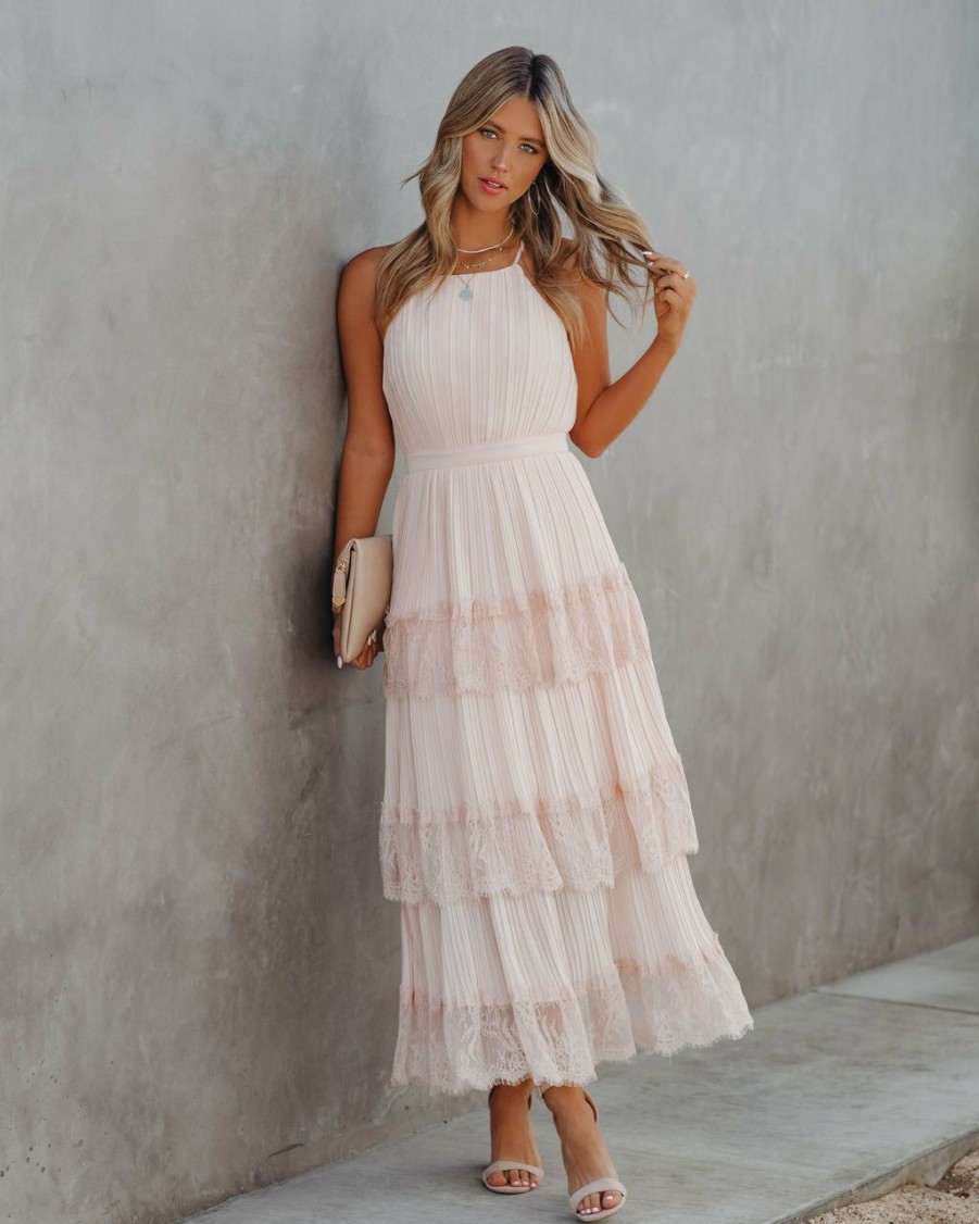 Clothing * | Just-001 All Clothing Affection Pleated Tiered Lace Maxi Dress Blush