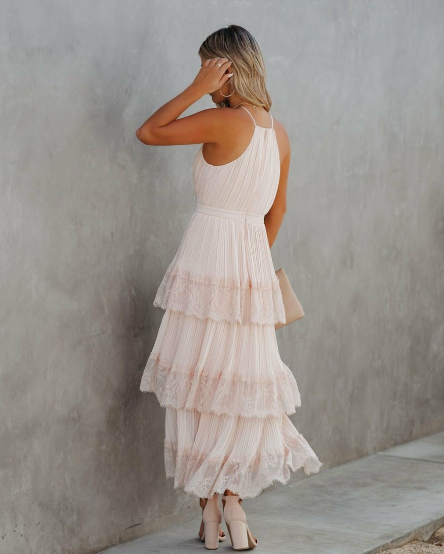 Clothing * | Just-001 All Clothing Affection Pleated Tiered Lace Maxi Dress Blush