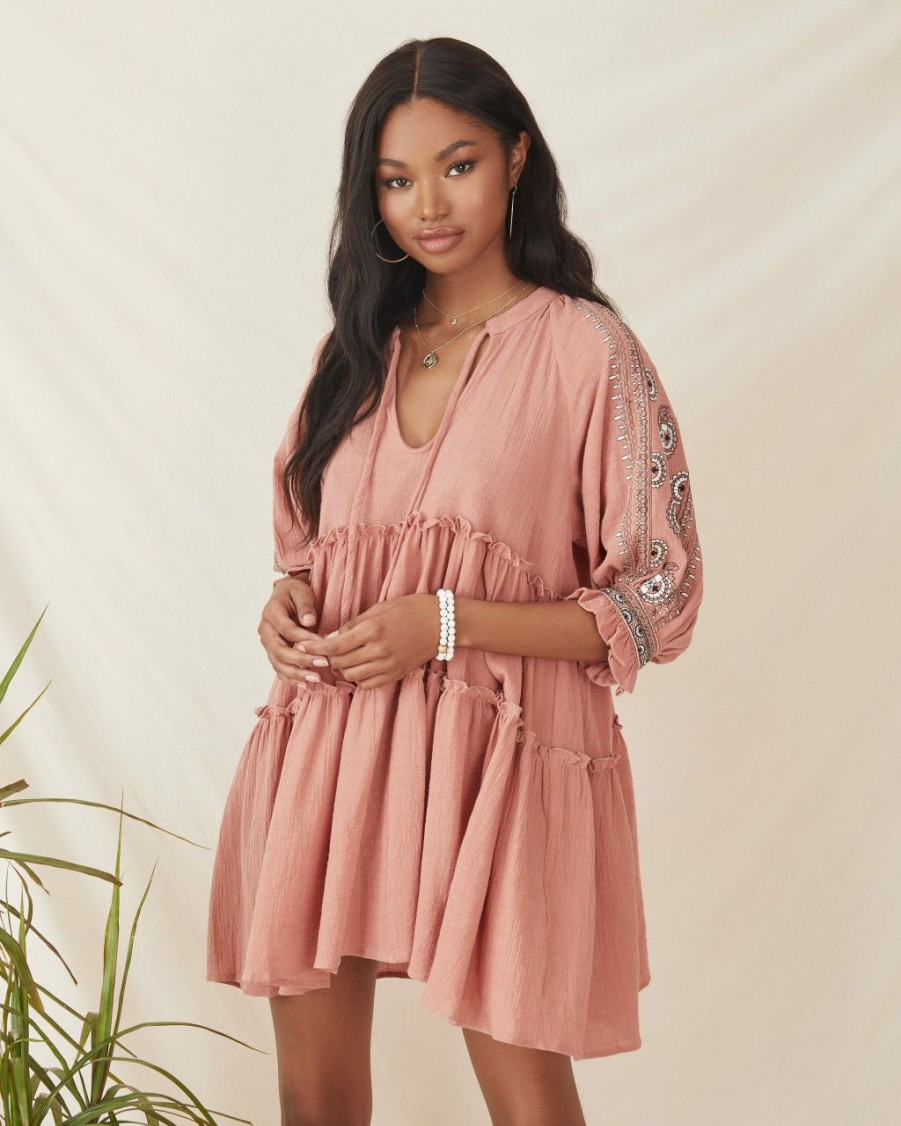 Clothing * | Enc-001 All Clothing Sunseeker Cotton Embroidered Babydoll Dress Dusty Rose