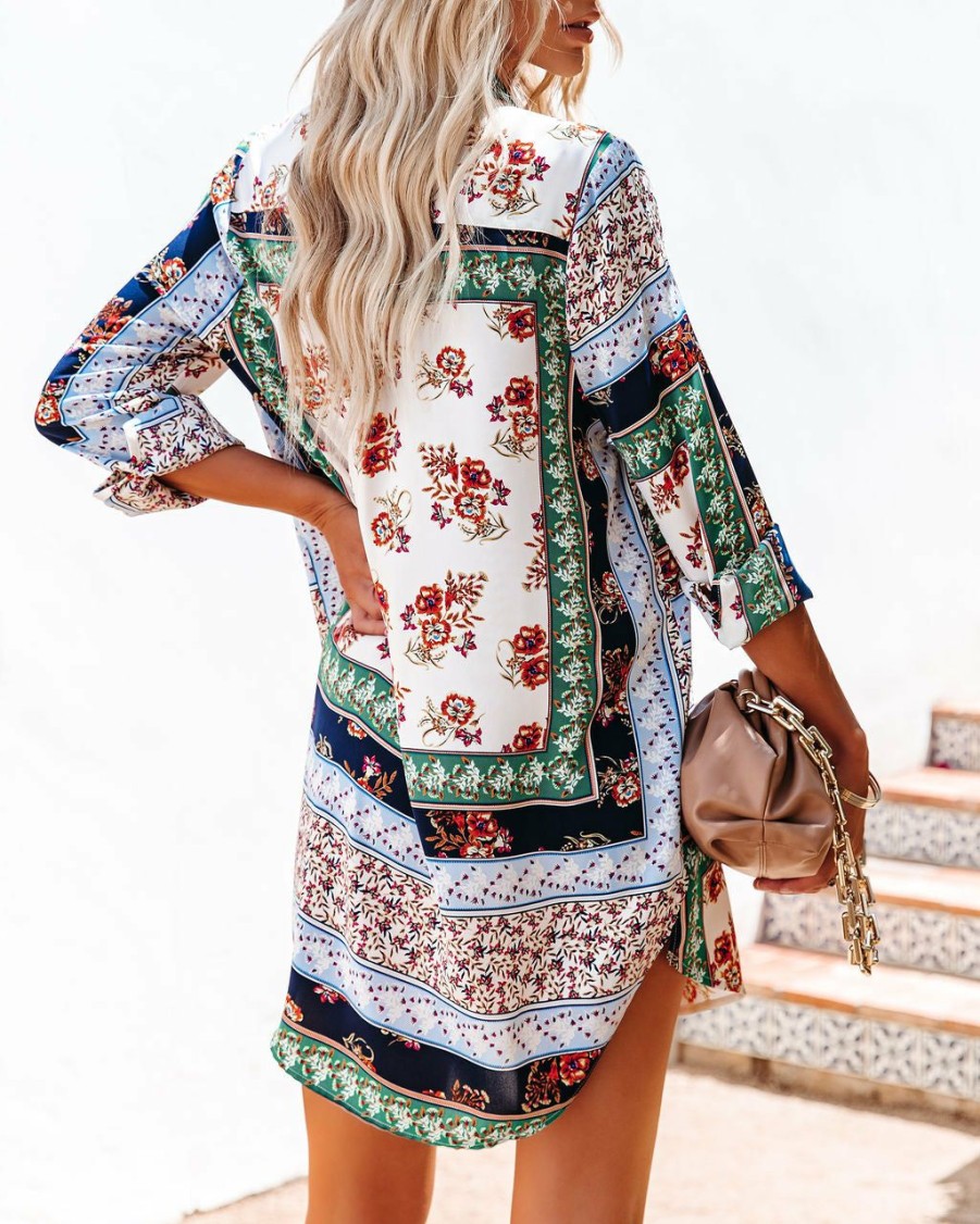 Clothing * | Acoa-001 Rochester Printed Satin Button Down Tunic The Daily Drop