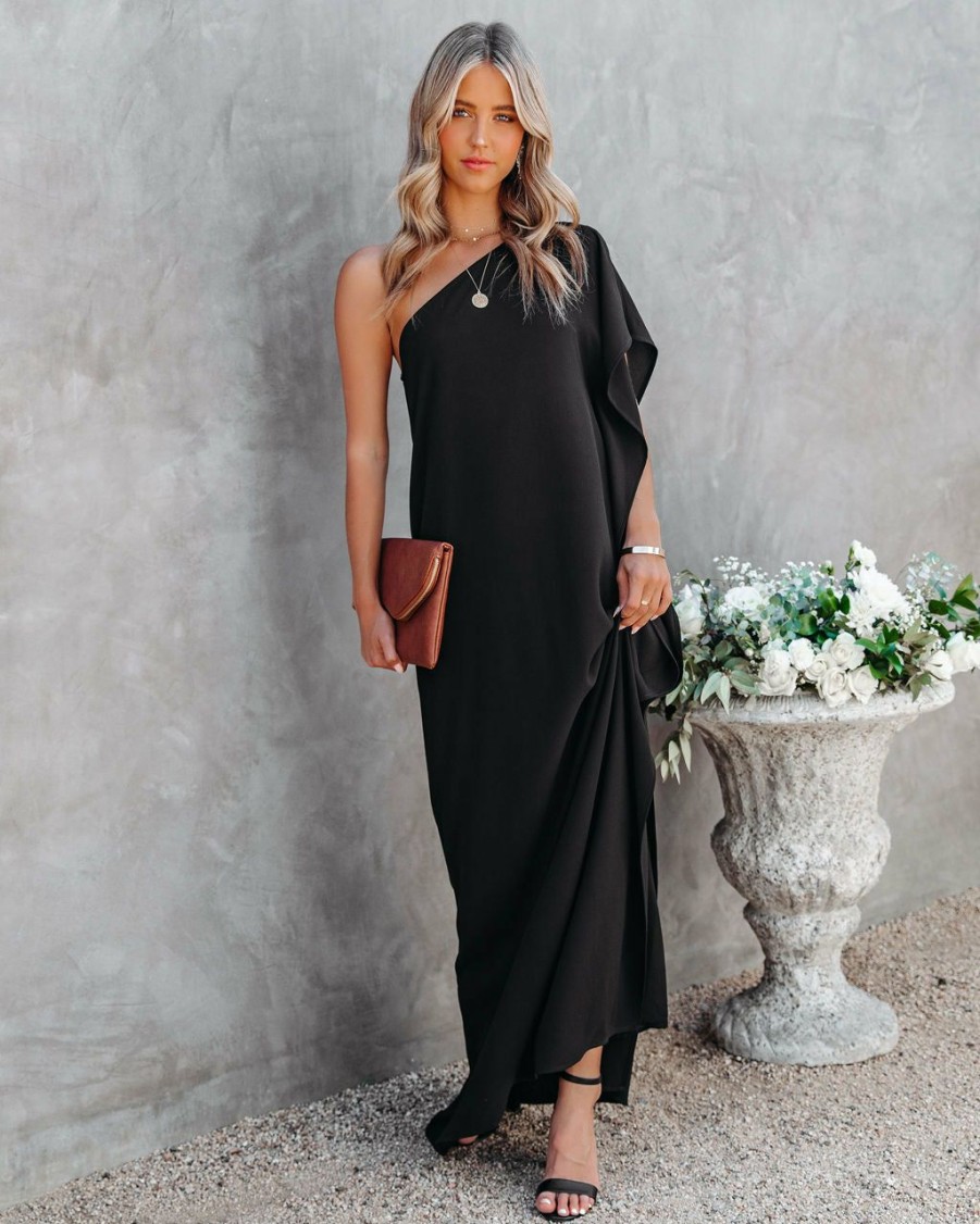 Clothing * | Tych-001 Strike A Pose One Shoulder Statement Maxi Dress Black Guest Of Wedding