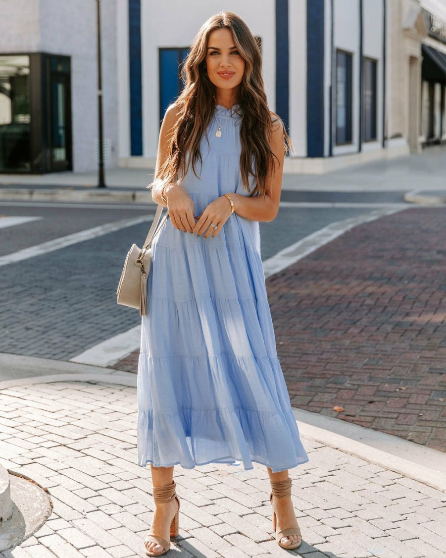 Clothing * | Entr-001 All Clothing Teigen Pocketed Tiered Midi Dress Baby Blue