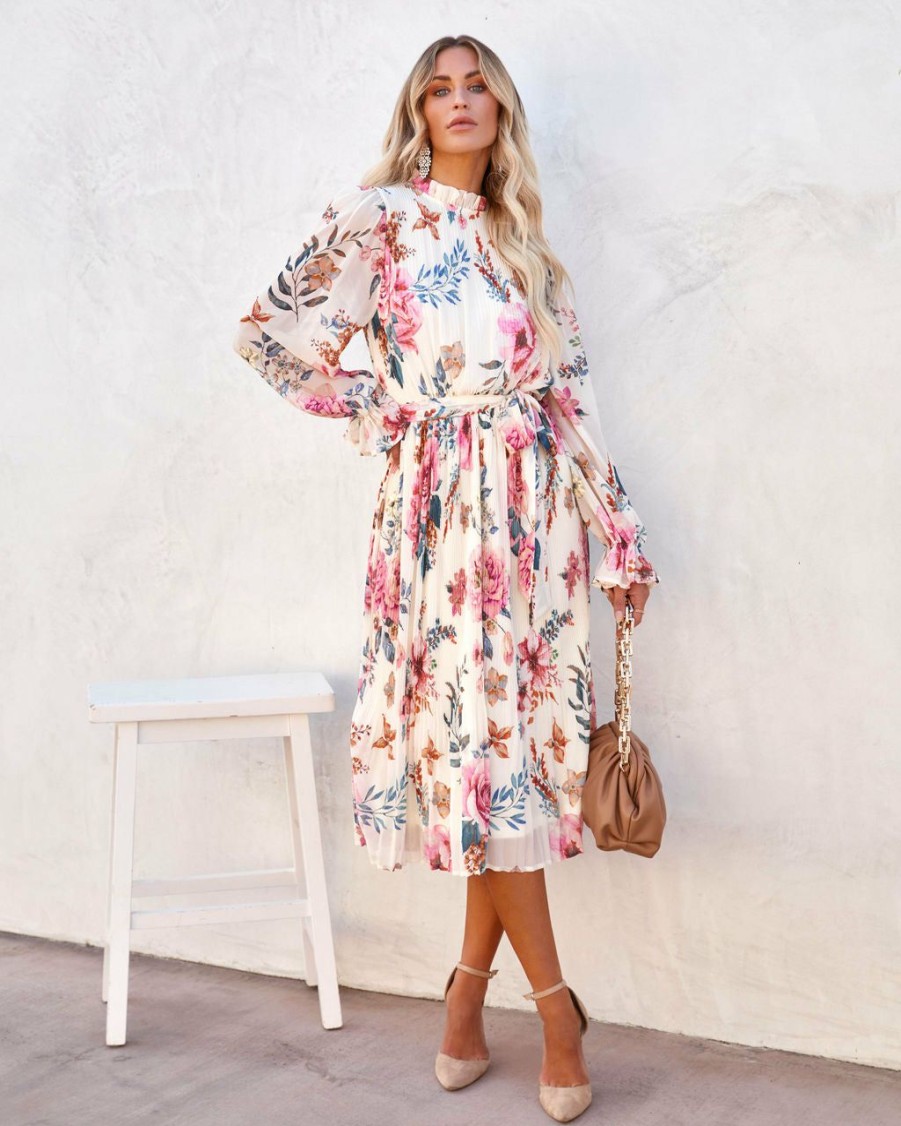 Clothing * | Salt-001 Quiet Escape Floral Pleated Midi Dress Ivory Pretty Perfect