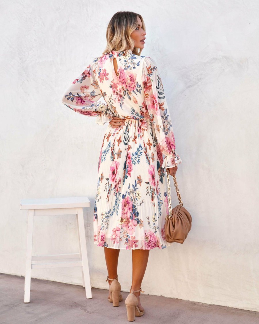 Clothing * | Salt-001 Quiet Escape Floral Pleated Midi Dress Ivory Pretty Perfect