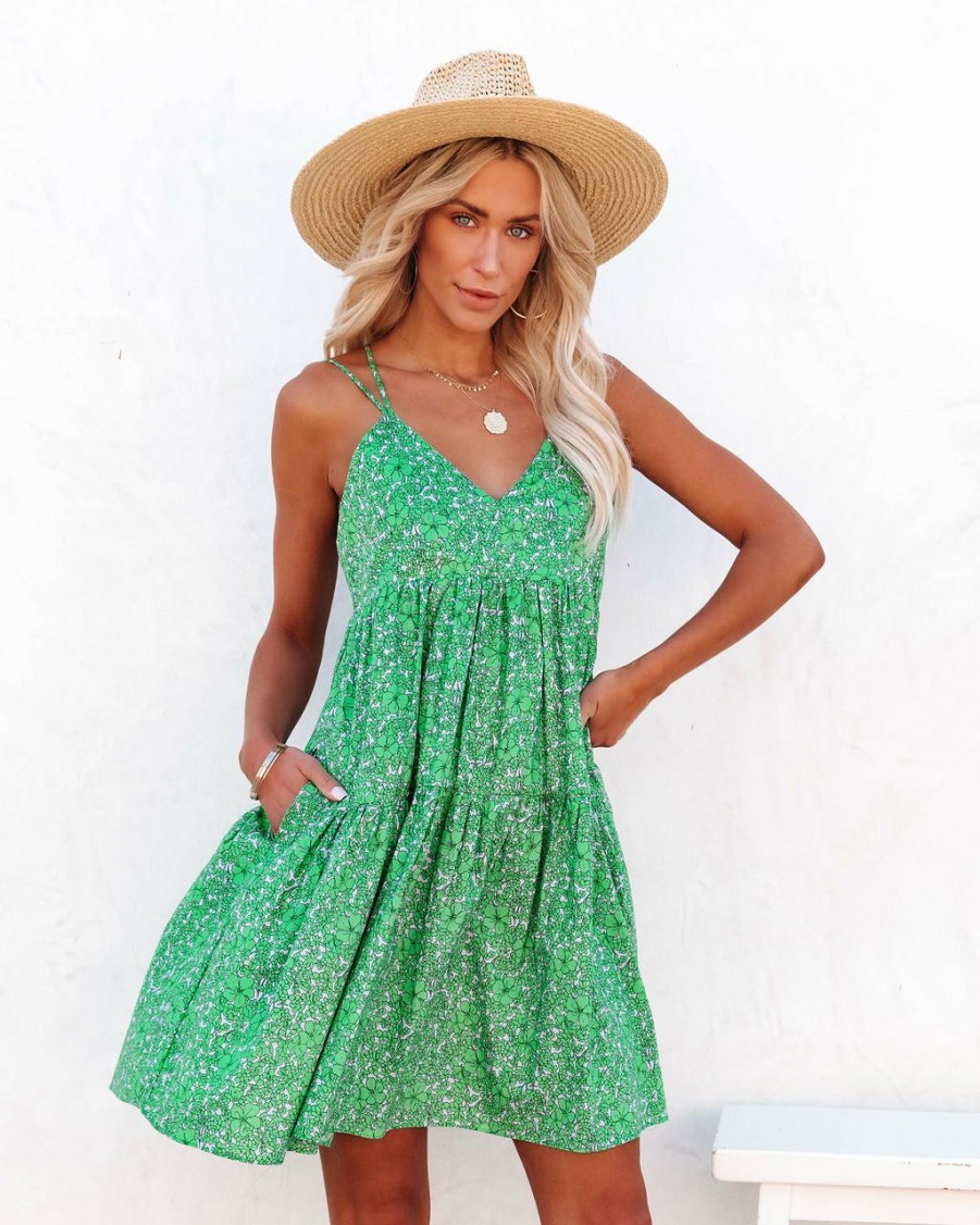 Clothing * | Delu-001 Gauri Cotton Pocketed Floral Babydoll Dress Emerald State Of Happy