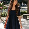 Clothing * | Entr-001 All Clothing Nollie Cotton Pocketed Puff Sleeve Babydoll Dress Navy