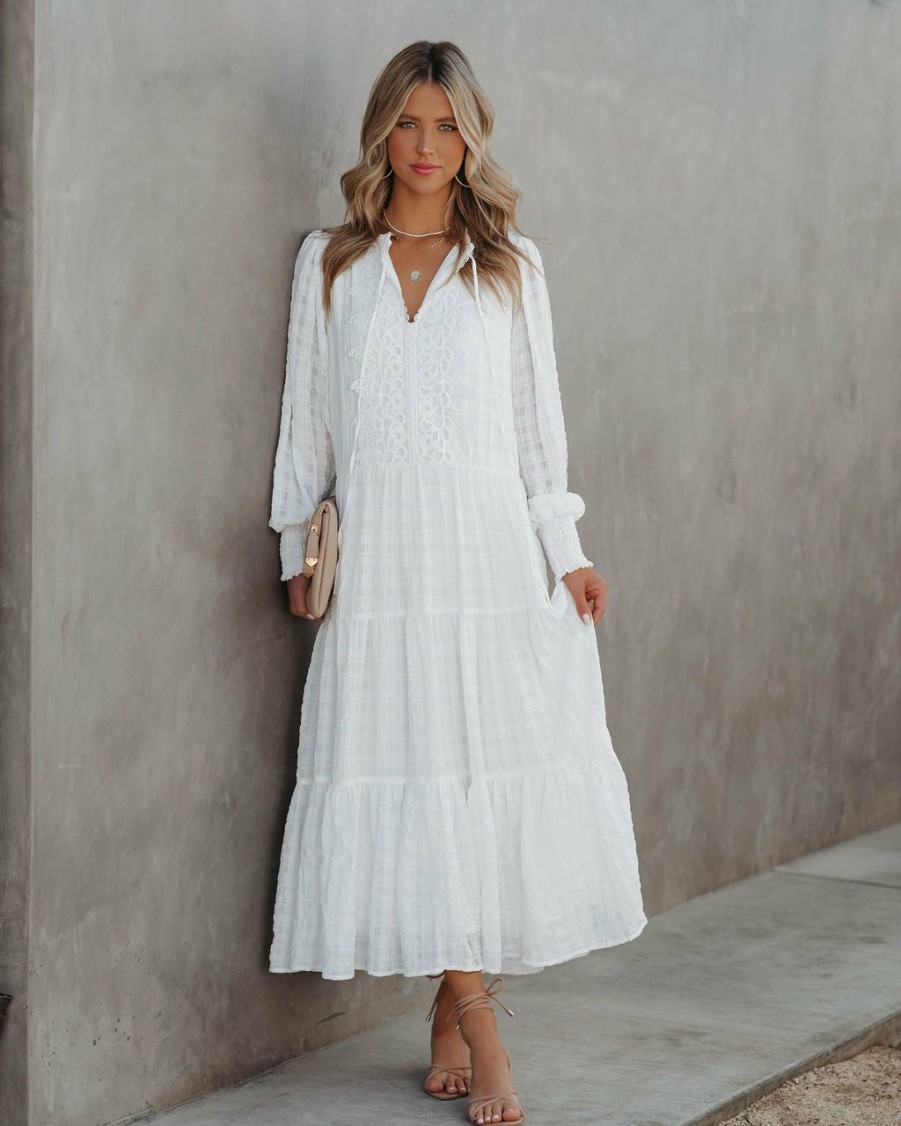 Clothing * | Just-001 Bride To Be Jaylan Tiered Crochet Lace Midi Dress Off White Final Sale