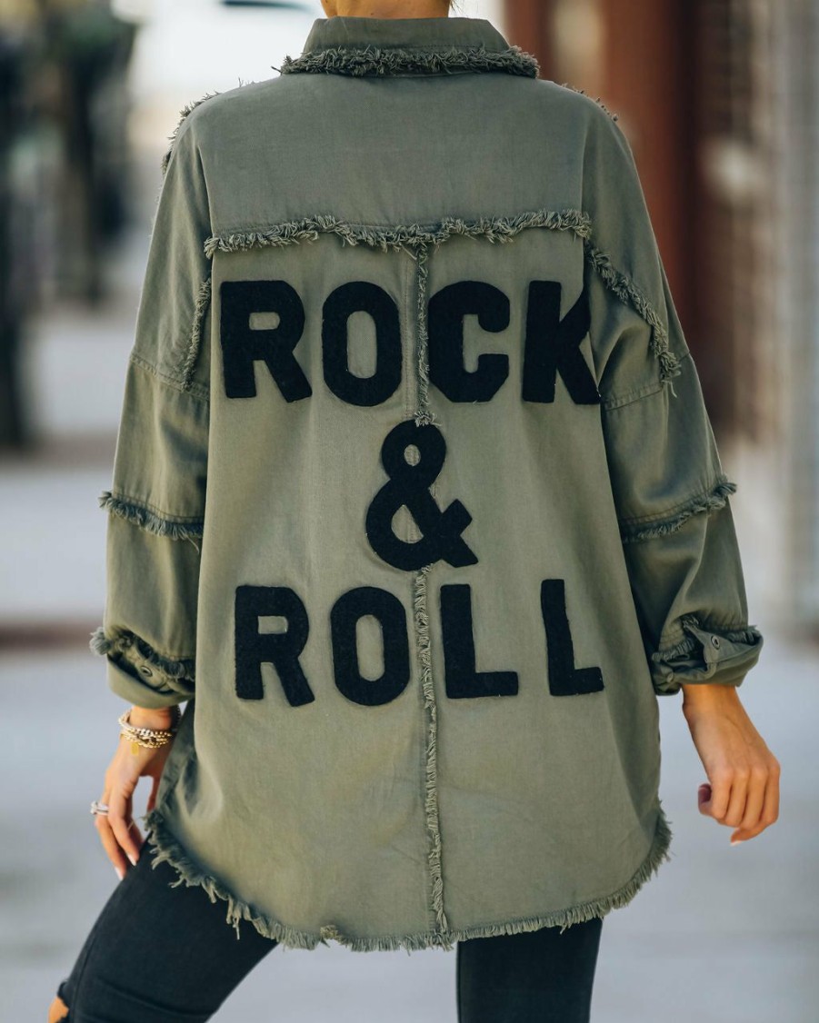 Clothing * | Elan-001 Coming Soon Cotton Rock & Roll Frayed Utility Jacket Olive