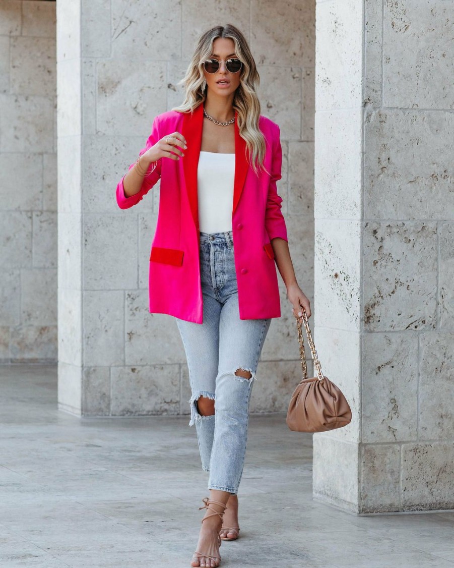 Clothing * | Stru-001 Bestsellers Love Notes Pocketed Colorblock Blazer Fuchsia Red