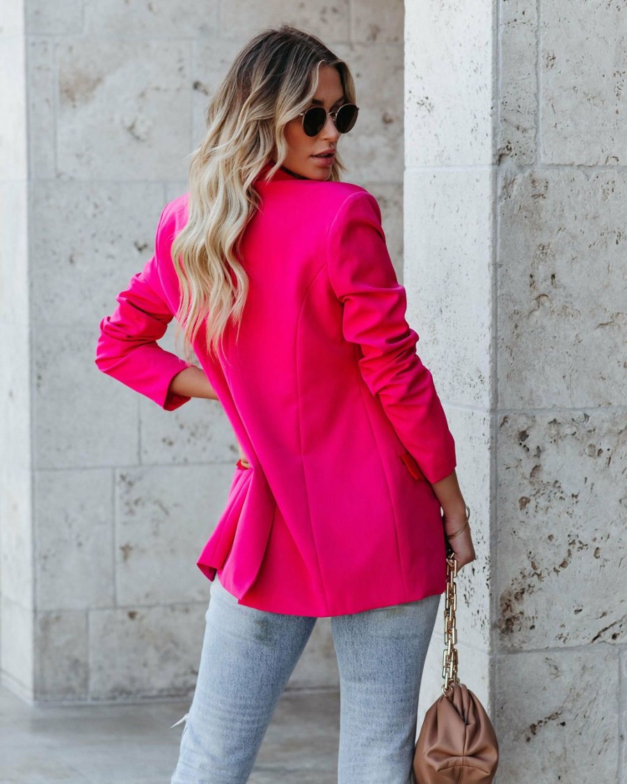 Clothing * | Stru-001 Bestsellers Love Notes Pocketed Colorblock Blazer Fuchsia Red