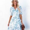 Clothing * | On T-001 All Clothing Mayflower Cotton Printed Wrap Dress Blue