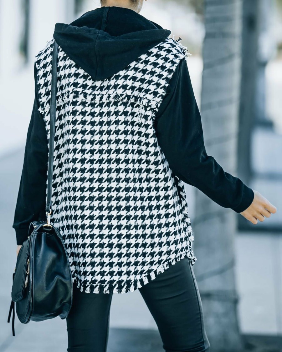 Clothing * | Fate-001 Jaysen Pocketed Houndstooth Hooded Shacket Black All Clothing