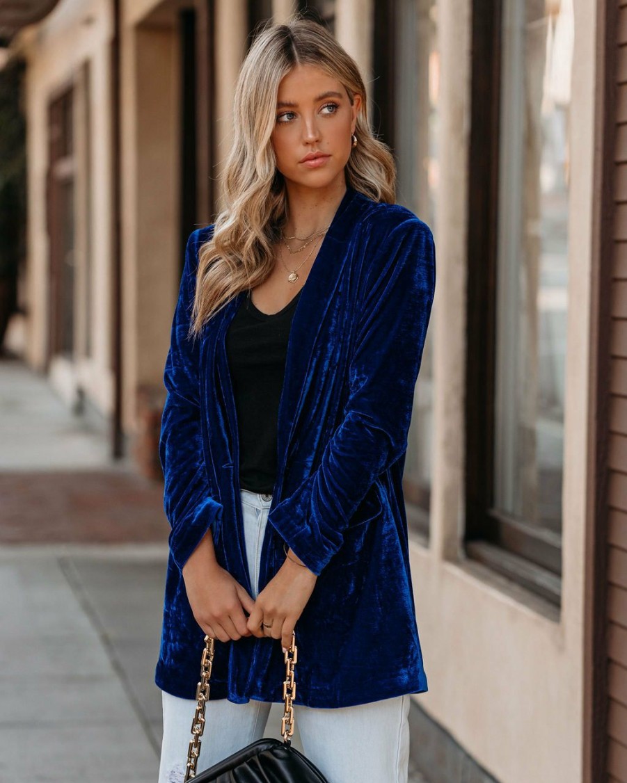 Clothing * | Endl-001 All Clothing Chicest Pocketed Velvet Blazer Blue Final Sale