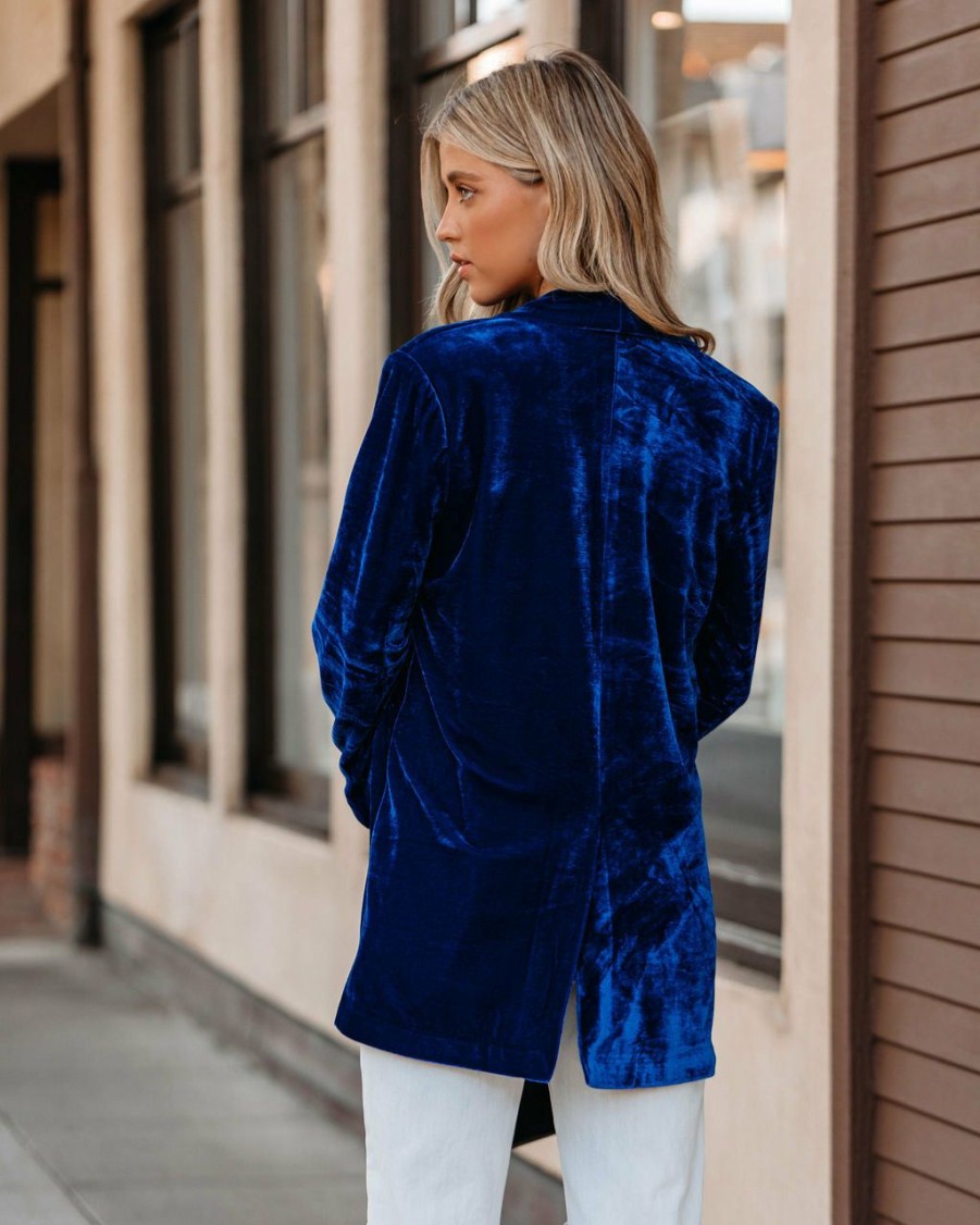 Clothing * | Endl-001 All Clothing Chicest Pocketed Velvet Blazer Blue Final Sale