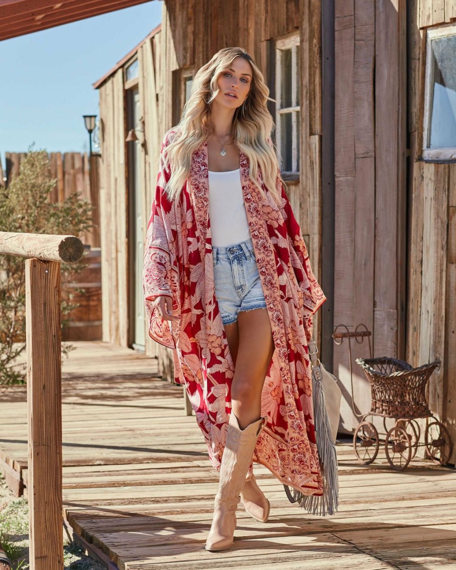 Clothing * | Z&L-001 Those Who Wander Floral Duster Kimono Burgundy