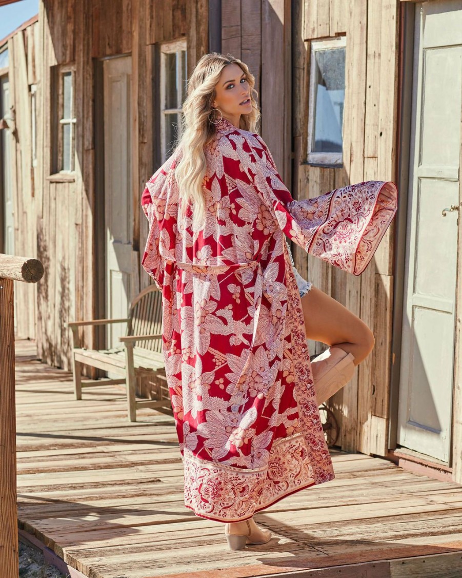 Clothing * | Z&L-001 Those Who Wander Floral Duster Kimono Burgundy