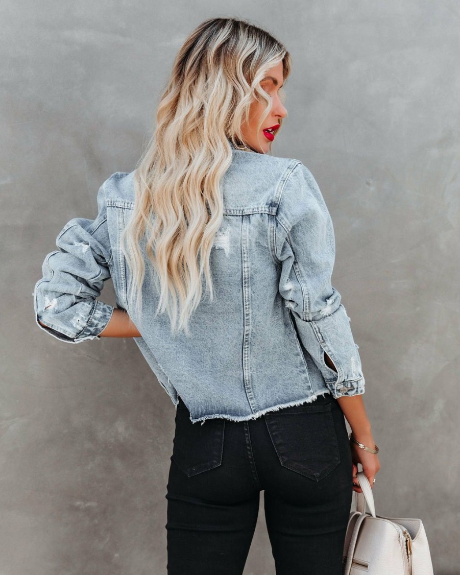 Clothing * | Flyi-001 Speed Up Pocketed Distressed Denim Jacket