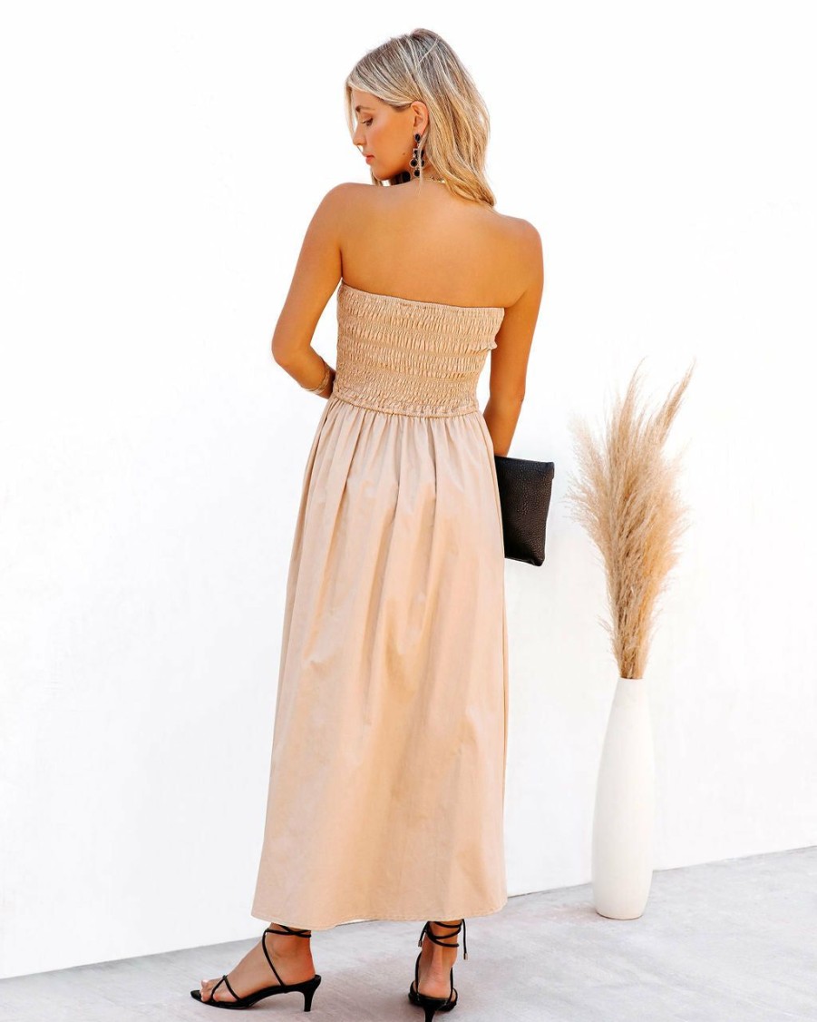 Clothing * | Skyl-002 Afternoon Affair Cotton Strapless Smocked Midi Dress Final Sale