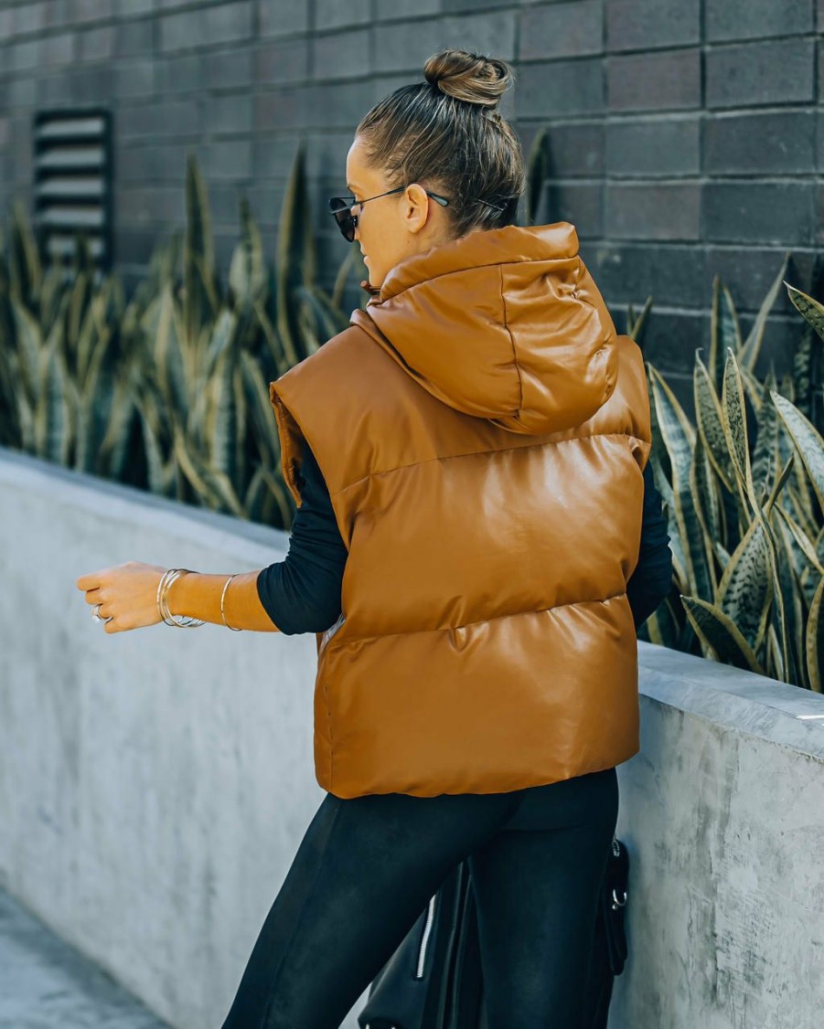 Clothing * | Aaa-001 All Clothing Adler Pocketed Hooded Faux Leather Puffer Vest Camel