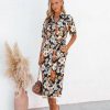 Clothing * | On T-001 Naura Pocketed Satin Button Down Midi Dress Black Floral All Clothing