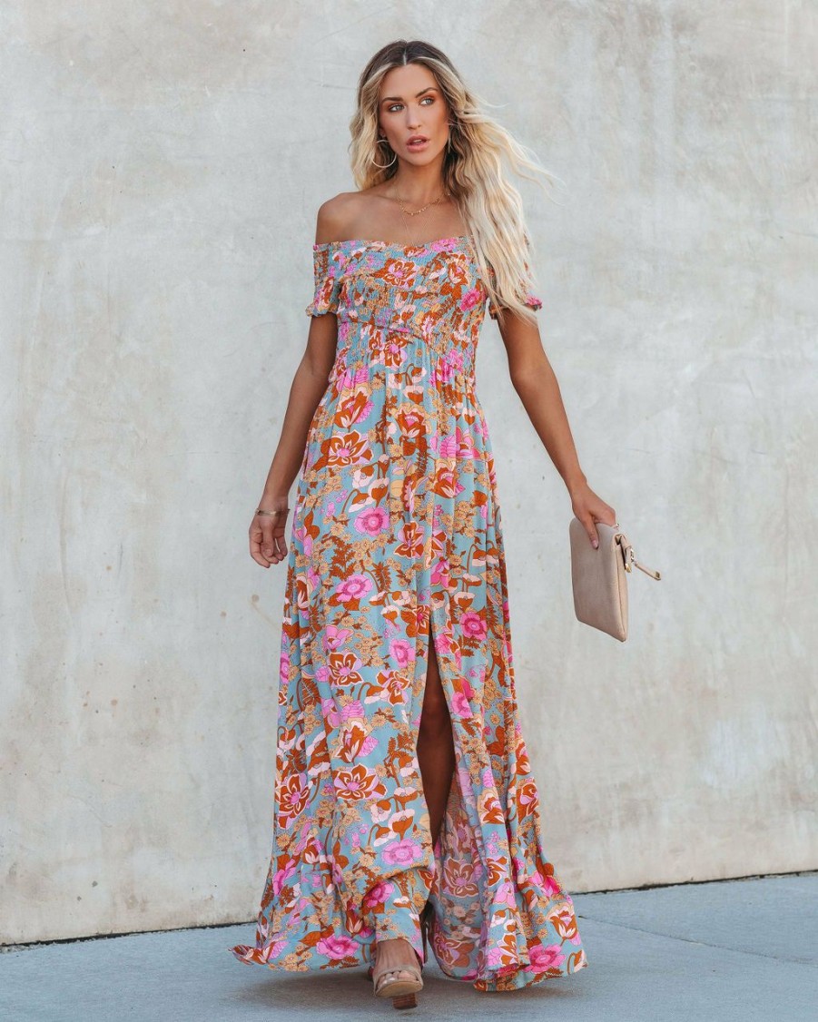 Clothing * | Aaka-001 All Clothing Vesna Floral Smocked Off The Shoulder Maxi Dress