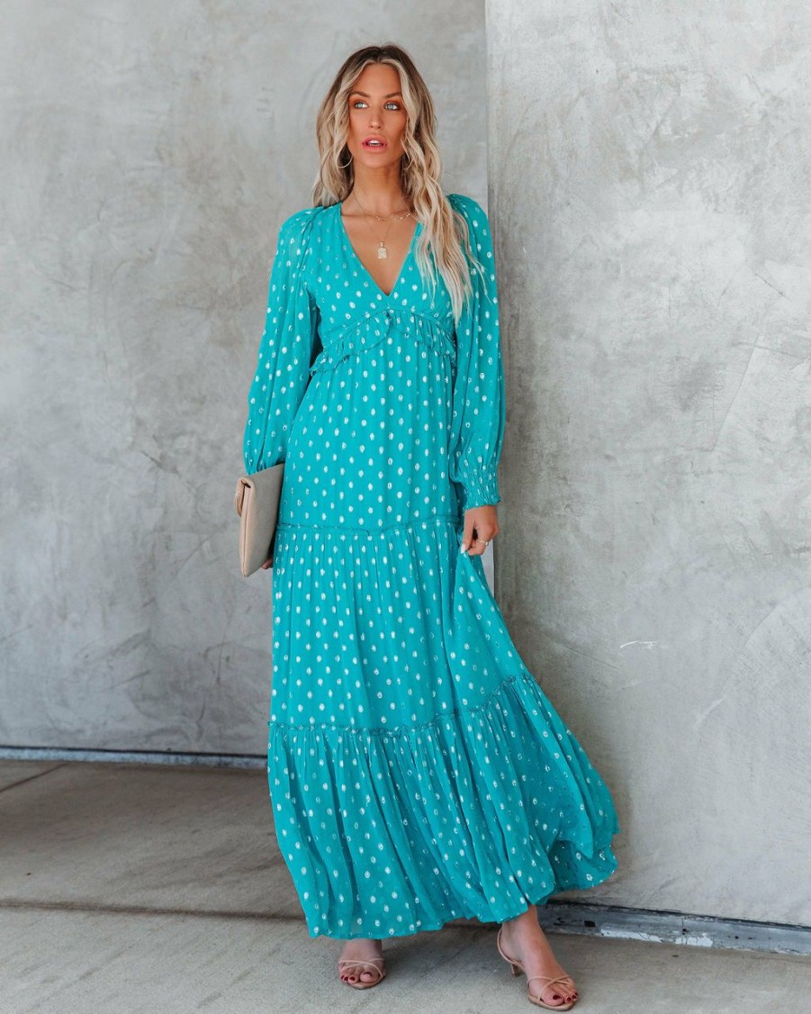 Clothing * | Enc-001 Odessa Metallic Detailed Maxi Dress Teal Final Sale Guest Of Wedding