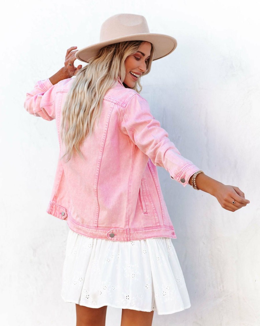 Clothing * | Dee-001 Rozlynn Pocketed Denim Jacket Pink All Clothing