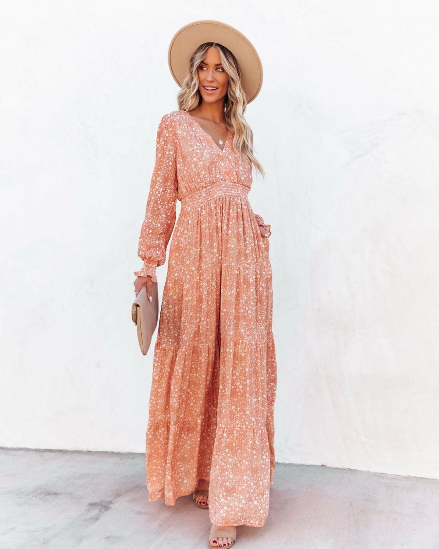 Clothing * | Btfl-001 Takeoff Star Print Pocketed Maxi Dress Peach All Clothing