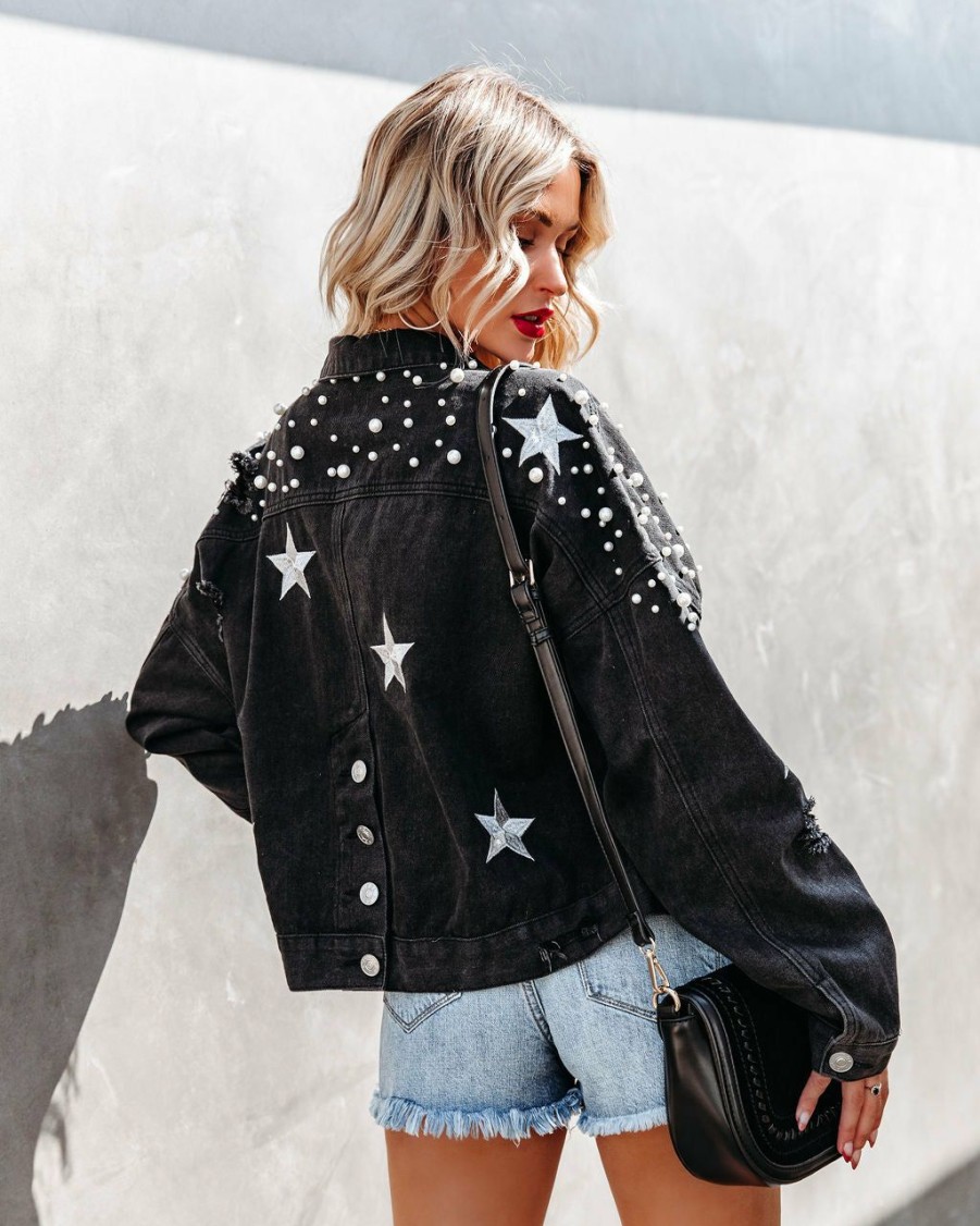 Clothing * | Pol-001 North Star Embellished Pocketed Denim Jacket All Clothing