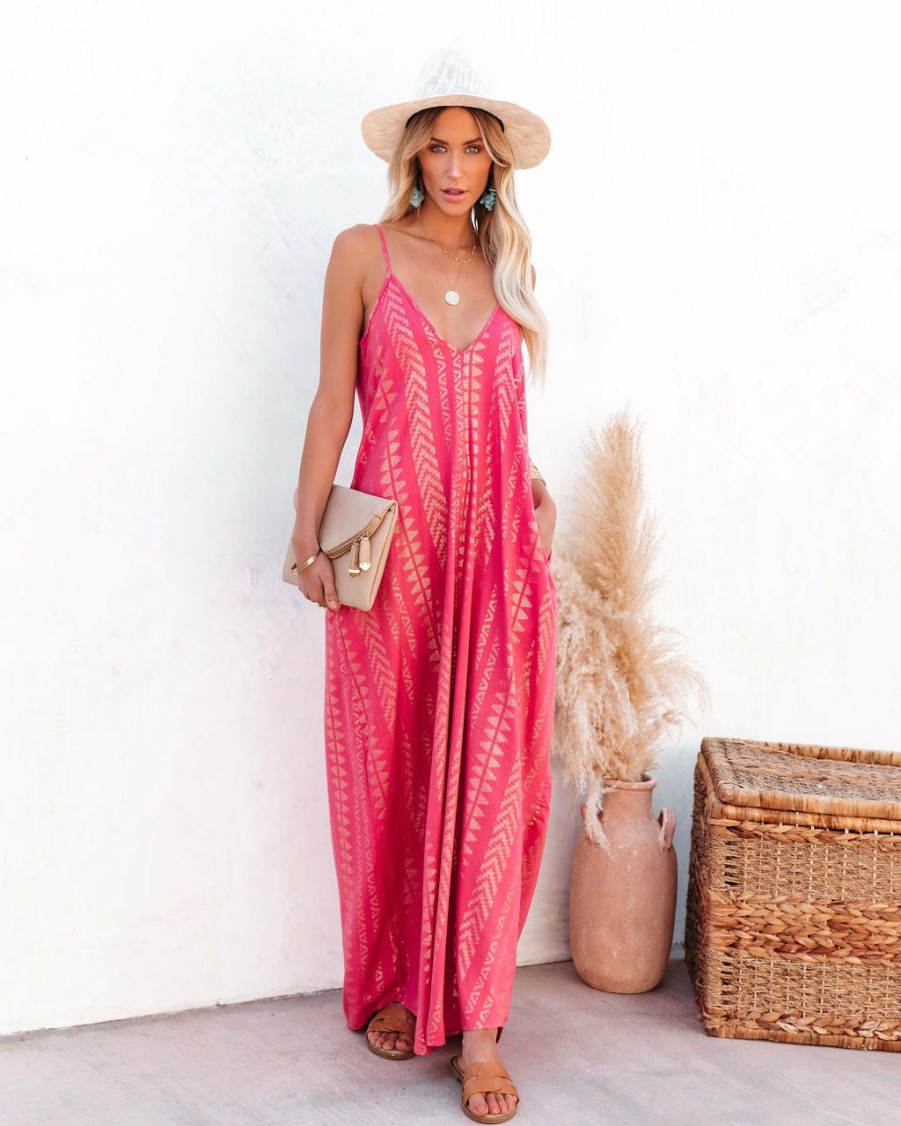 Clothing * | Elan-001 Just Restocked Winona Cotton Blend Pocketed Shimmer Maxi Dress Rose Gold