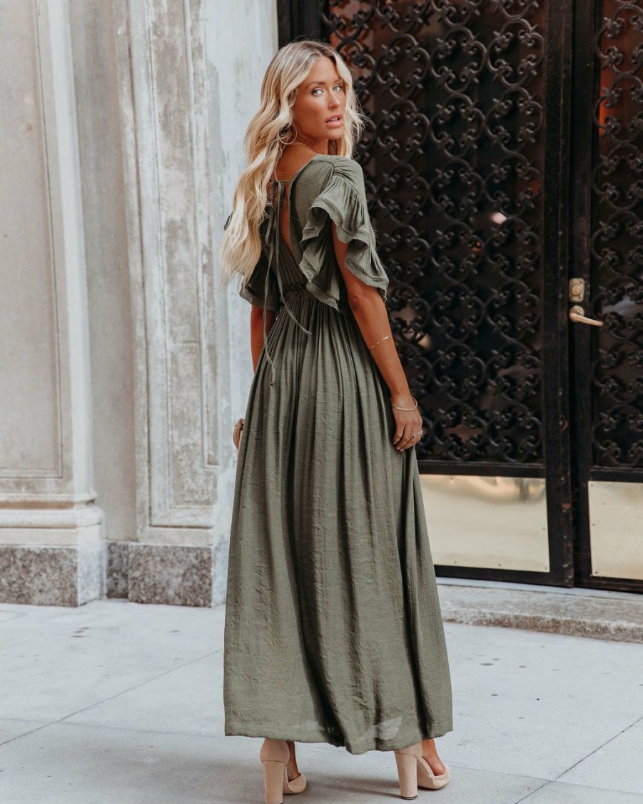 Clothing * | Flaw-001 Anika Pocketed Button Down Ruffle Maxi Dress Olive All Clothing