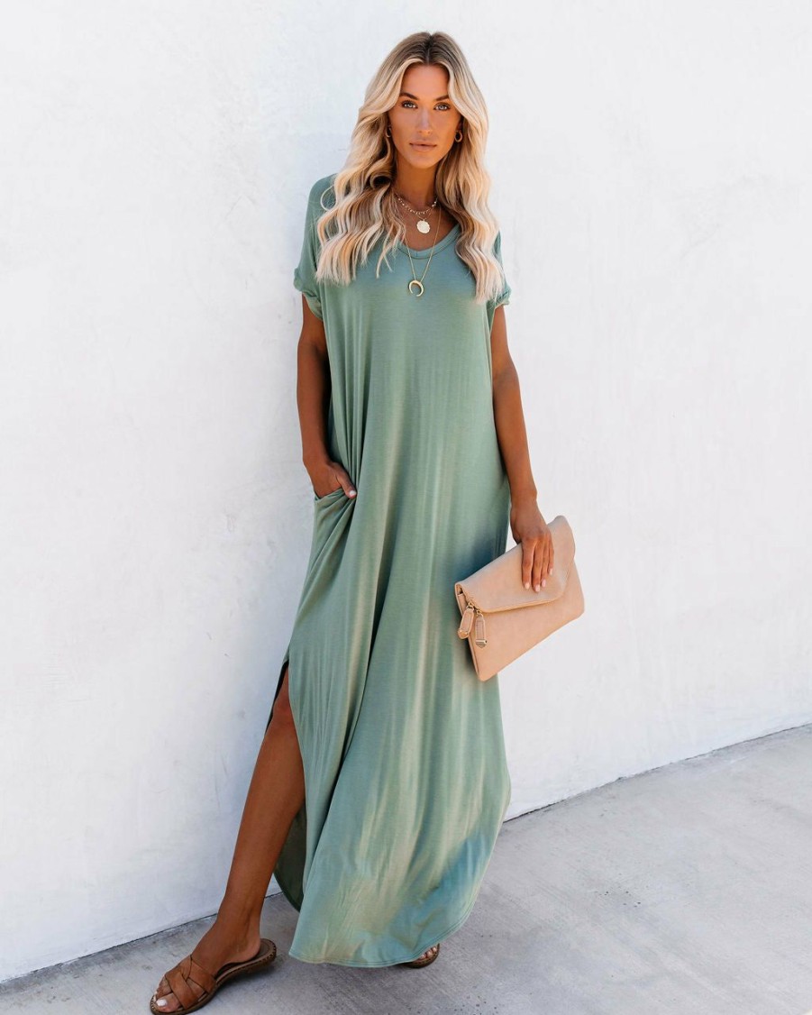 Clothing * | Vani-001 All Clothing Farmers Market Pocketed Modal Maxi Dress Dark Sage