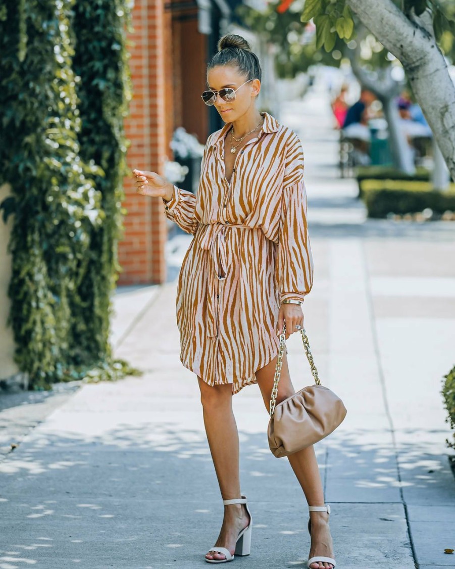 Clothing * | Oliv-001 Work Anywhere Joyner Zebra Print Button Down Shirt Dress Burnt Orange Final Sale